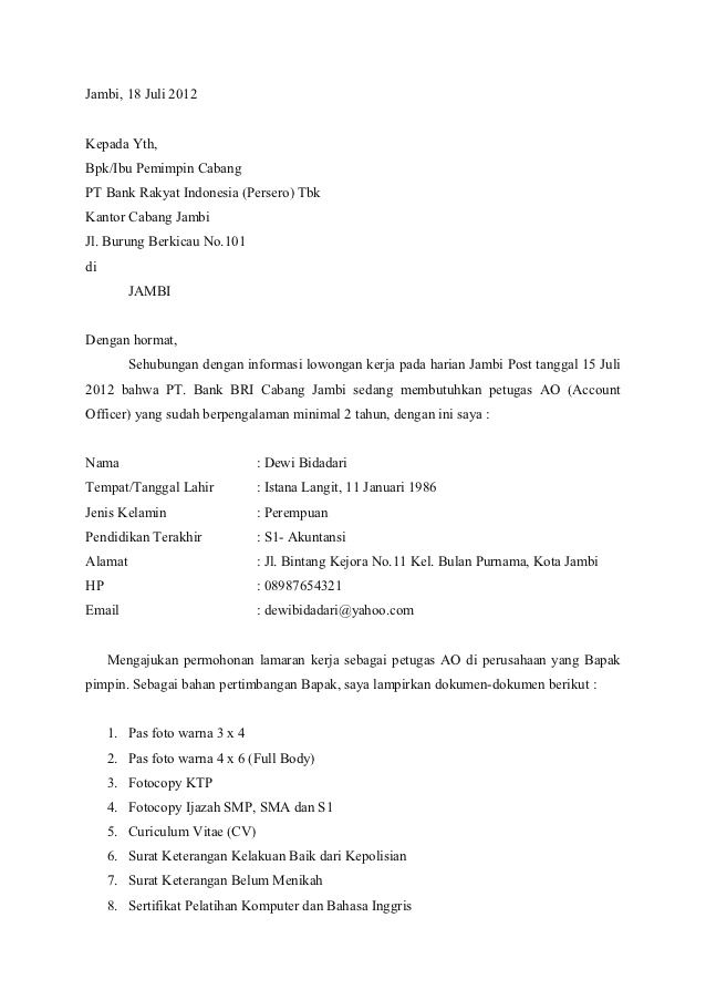 8. Contoh Surat Lamaran Kerja Di Bank Mandiri Sebagai Teller