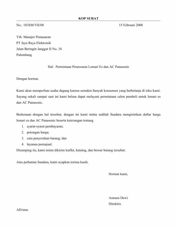 8. Contoh Surat Permintaan Penawaran Harga Barang