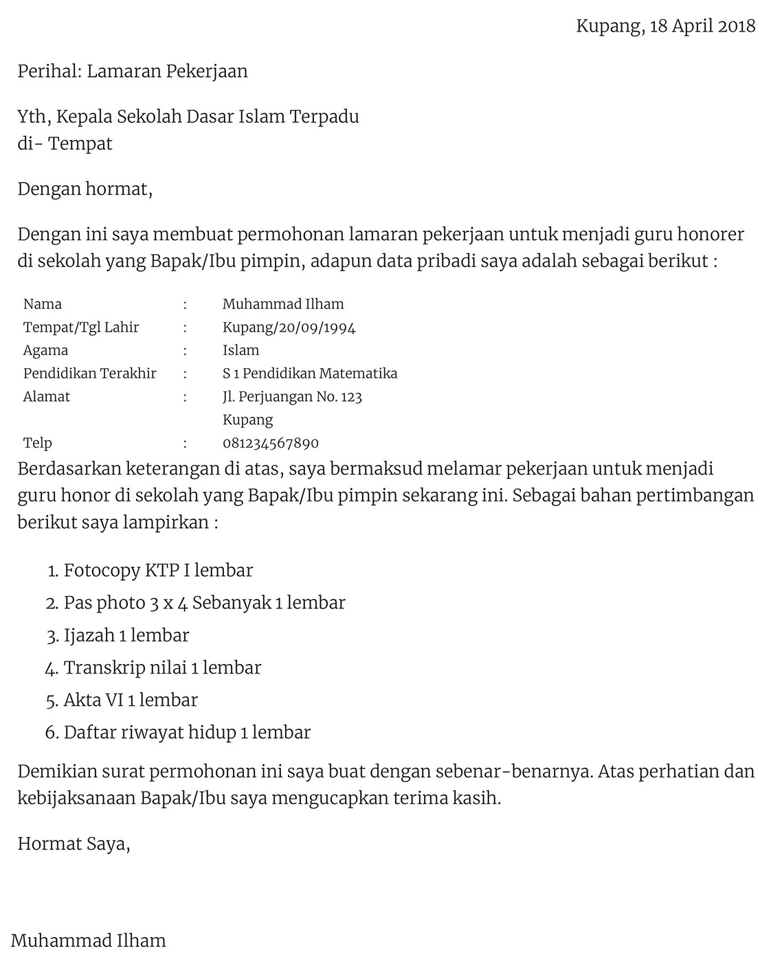 9. Contoh Surat Lamaran Kerja Guru SMP