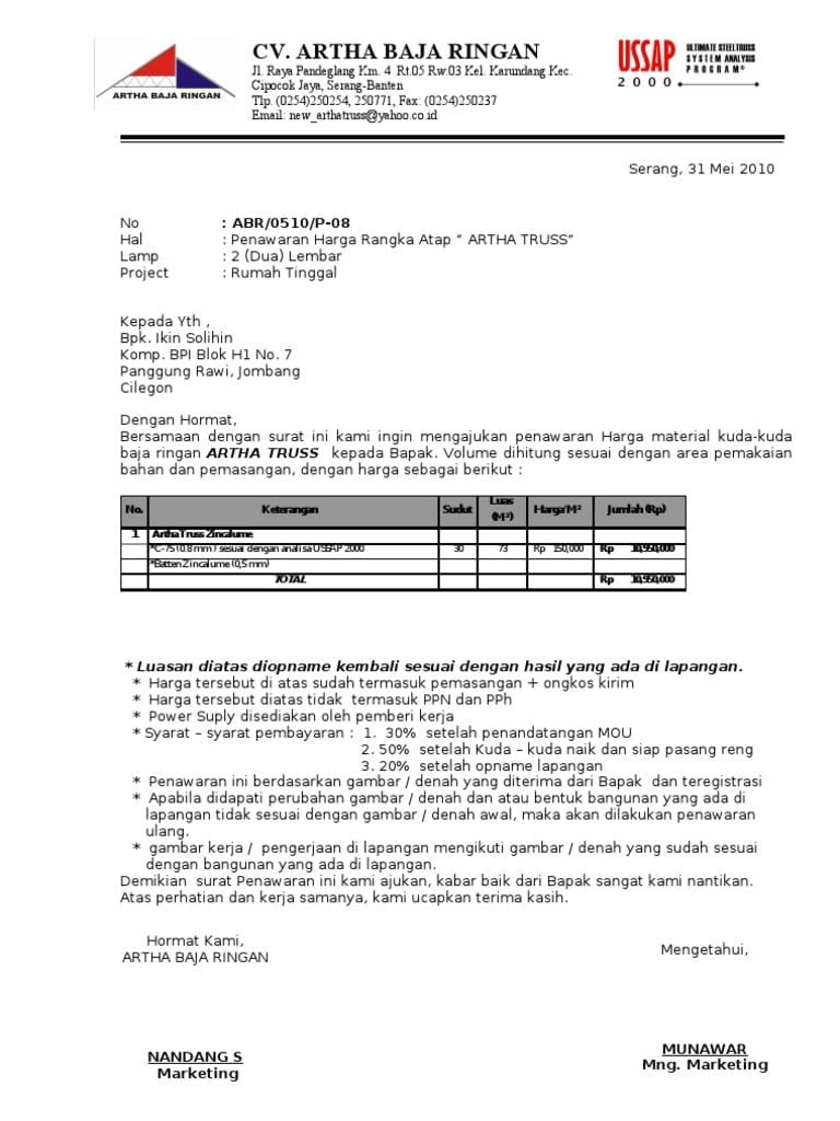 Surat Penawaran Jasa Konstruksi Baja Ringan