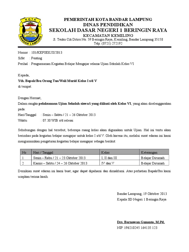 1. Contoh Surat Pengumuman Sekolah Untuk Siswa