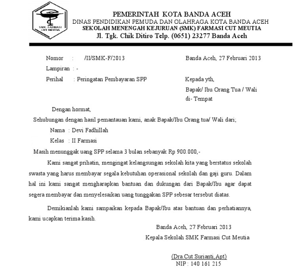 11. Contoh Surat Pemberitahuan Pembayaran Sekolah