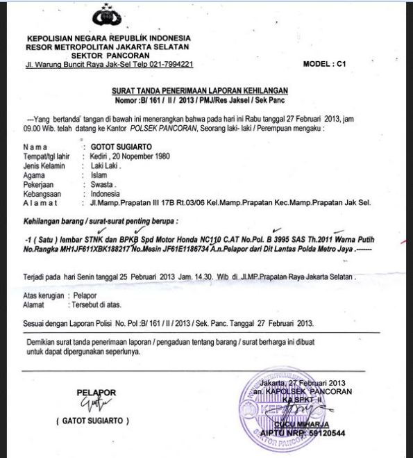 11. Contoh Surat Pernyataan Kehilangan STNK Kendaraan Bermotor