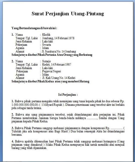 4. Contoh Surat Pernyataan Hutang dengan Jaminan