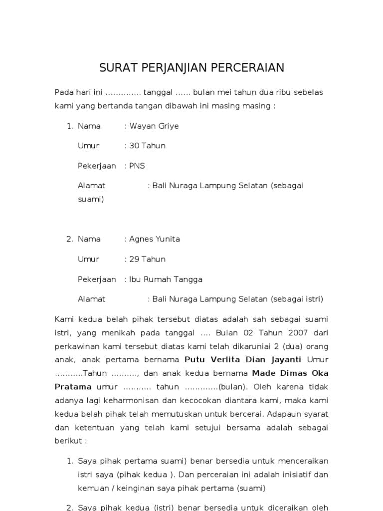 2. Contoh Surat Pernyataan Cerai Diatas Materai