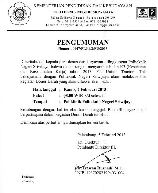 5. Contoh Surat Pengumuman Dinas Perusahaan