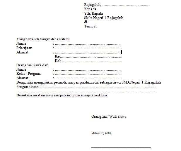 6. Contoh Surat Pernyataan Pengunduran Diri Dari Sekolah