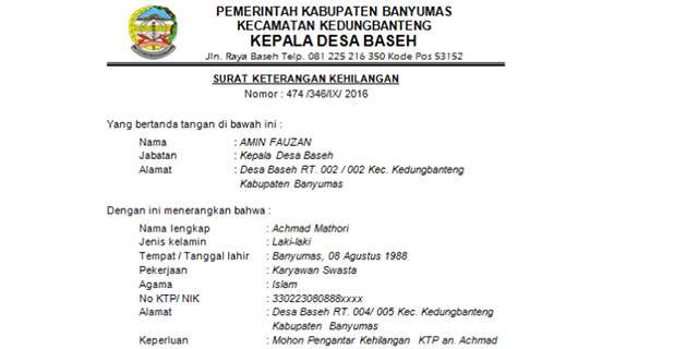 9. Contoh Surat Pernyataan Kehilangan Ijazah