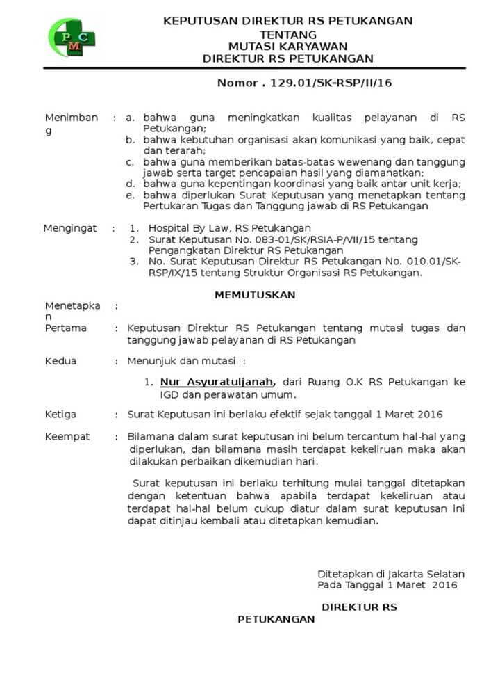 Contoh Surat Keputusan Mutasi Kerja