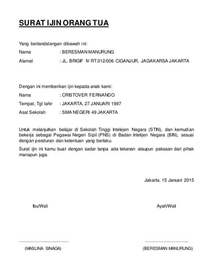 Surat Izin Orang Tua Untuk Sekolah