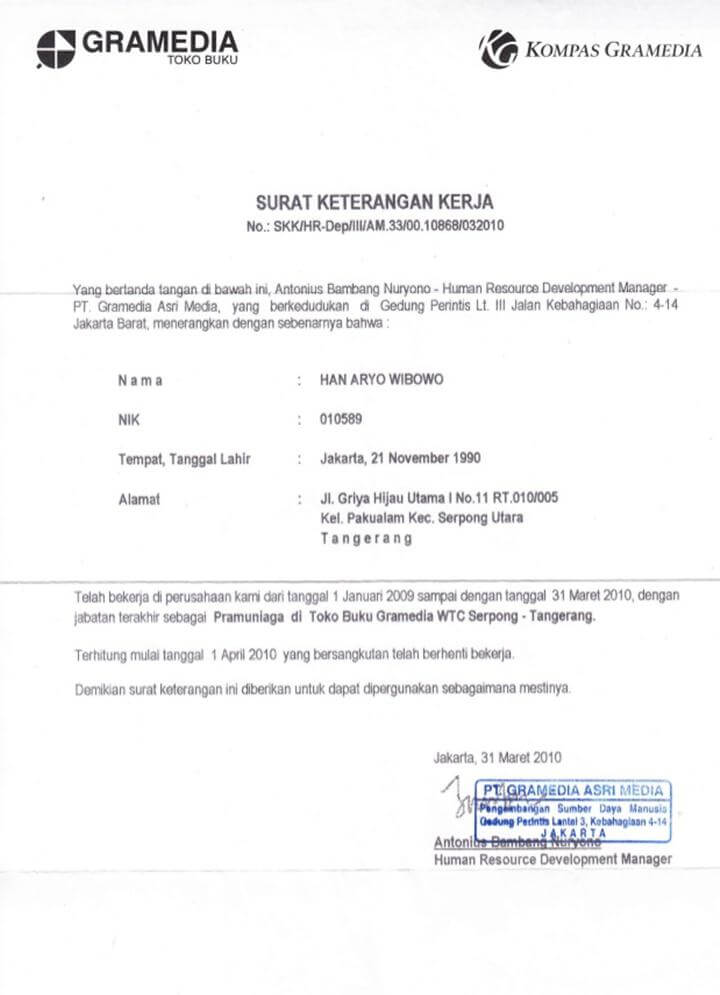 Surat Keterangan Kerja di Toko