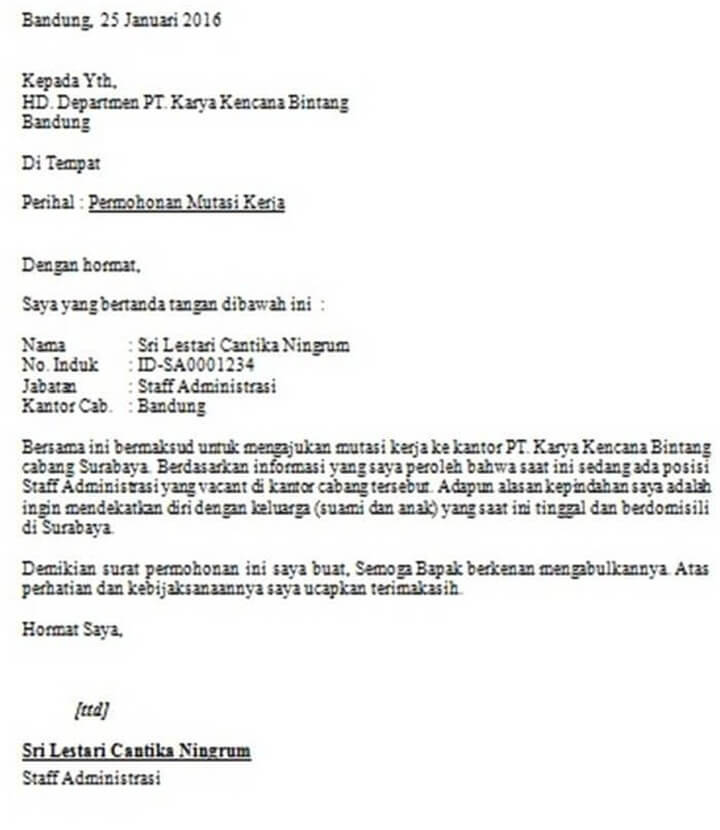 Surat Permohonan Mutasi Kerja Swasta