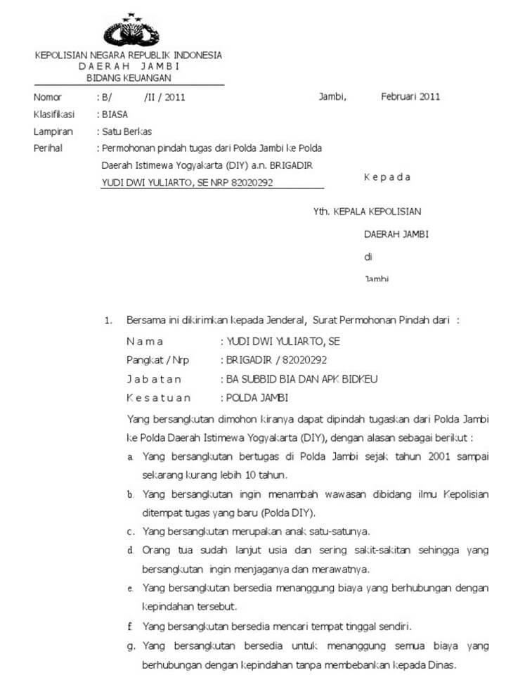 Surat Permohonan Pindah Tugas Polri