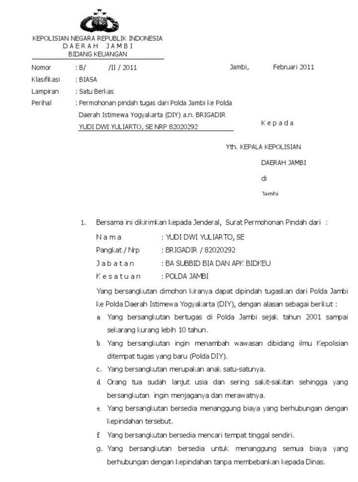 Surat Permohonan Pindah Tugas Polri