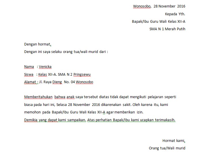 1. Contoh Surat Izin Sakit Sekolah