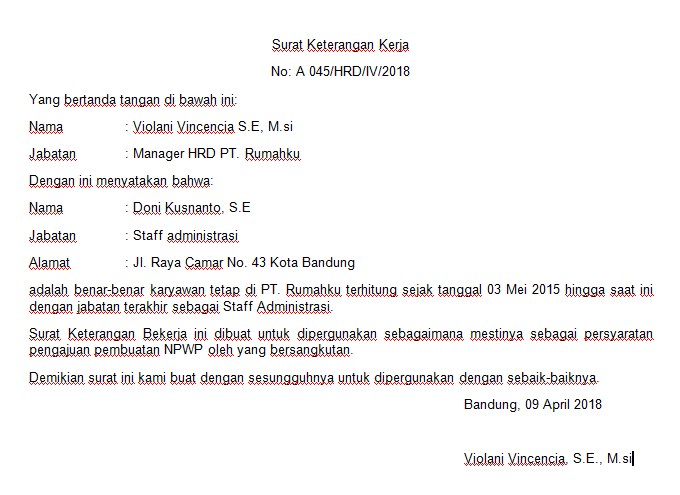 1. Contoh Surat Keterangan Kerja Bahasa Inggris