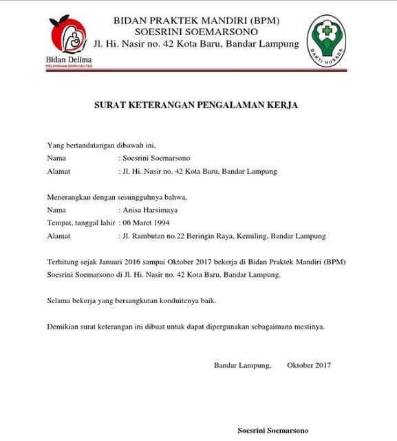 1. Contoh Surat Pengalaman Kerja Bidan Klinik