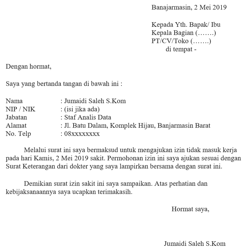 10. Contoh Surat Izin Tidak Masuk Kerja Pegawai