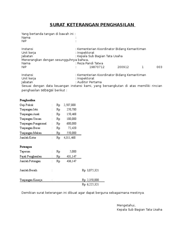 11. Contoh Surat Keterangan Penghasilan PNS