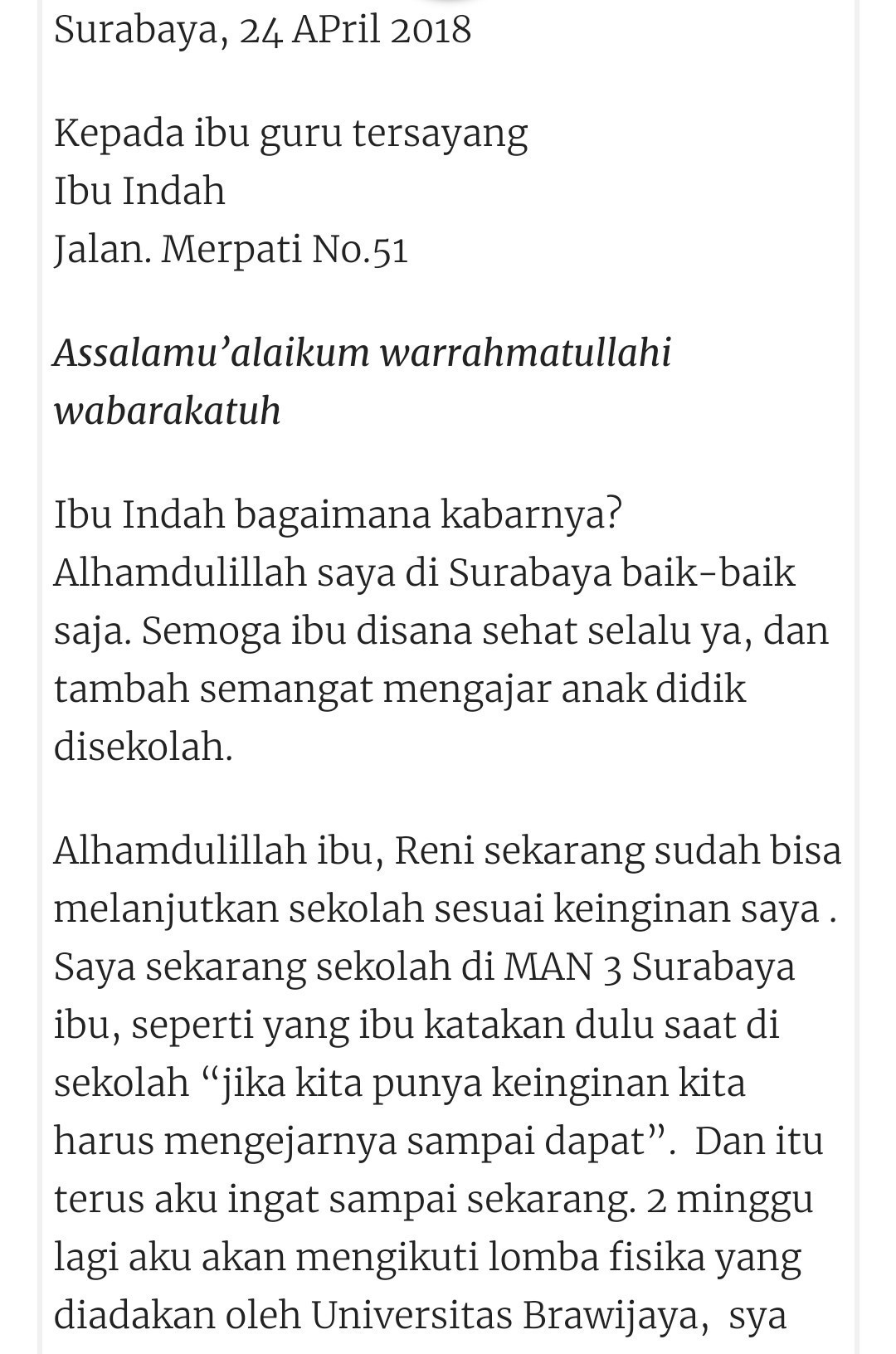 3. Contoh Surat Pribadi Untuk Guru Sekolah Dulu