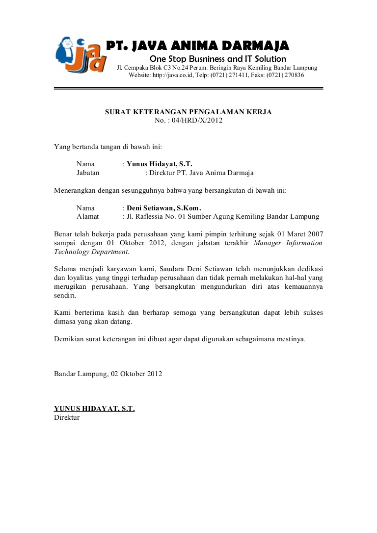 4. Contoh Surat Pengalaman Kerja Dari Perusahaan