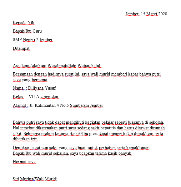 6. Contoh Surat Izin Sakit Sekolah SMP