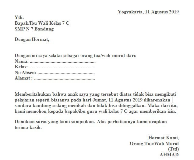 6. Contoh Surat Izin Sekolah Karena Acara Keluarga