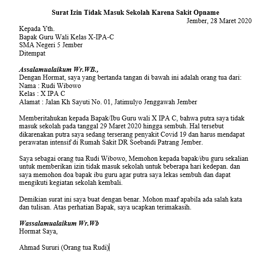 9. Contoh Surat Izin Sekolah Karena Penyakit