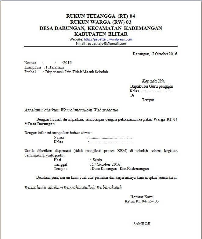 Contoh Surat Dispensasi