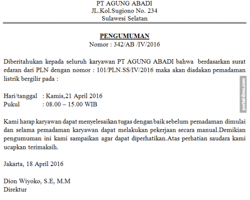 Contoh Surat Pengumuman