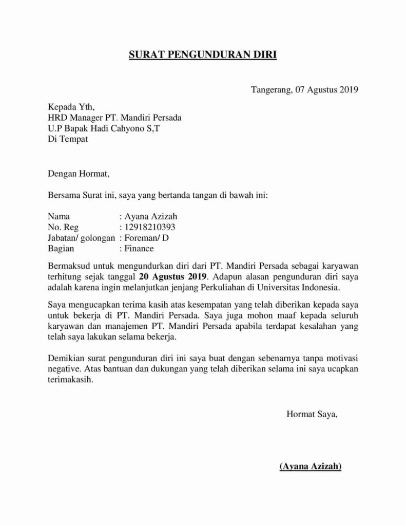 12. Contoh Surat Resign Kerja Bank